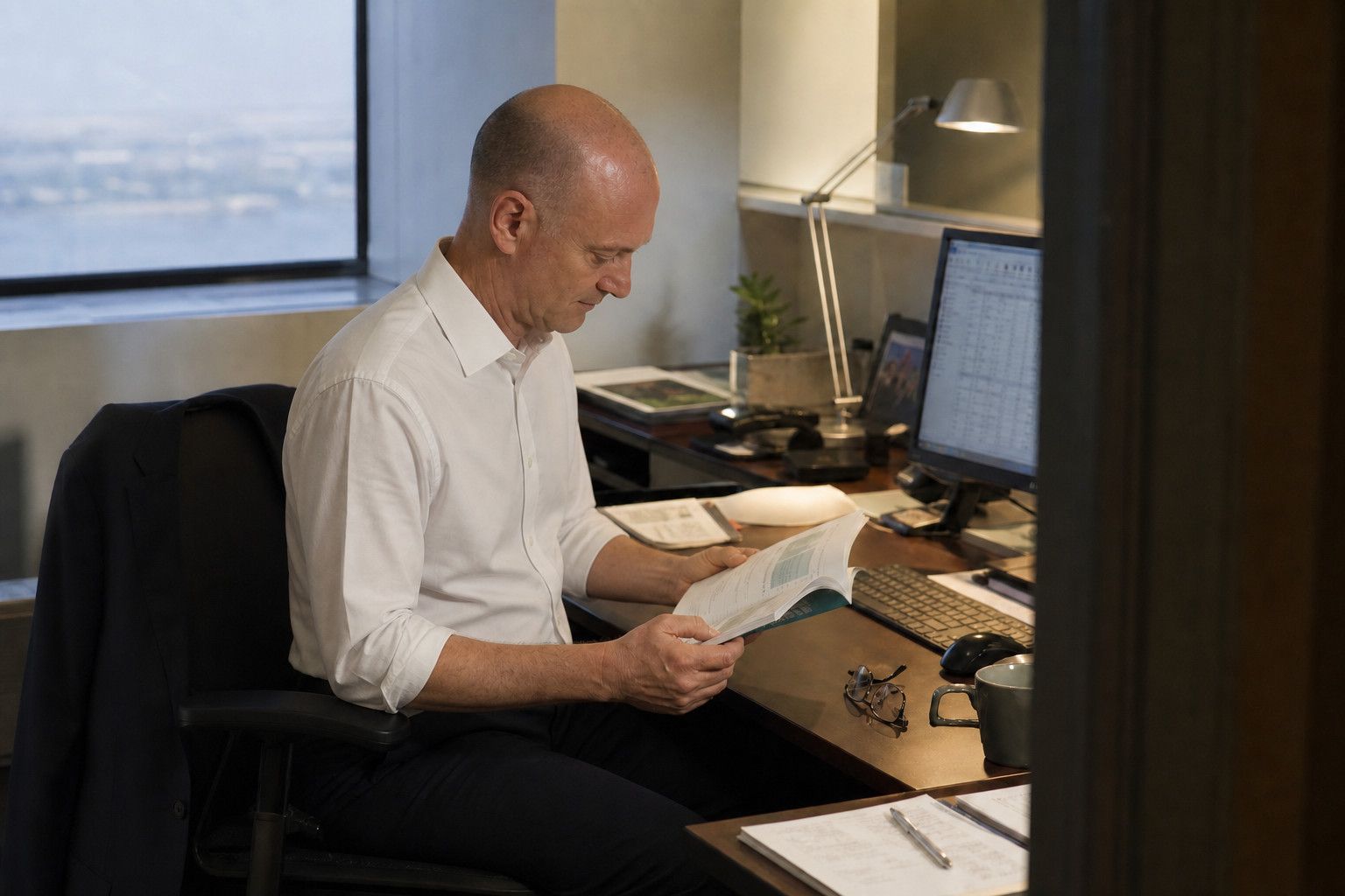 Peter DeCaprio at his desk in the evening, sleeves rolled, reading a research document with the city visible through the window behind him